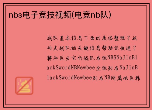 nbs电子竞技视频(电竞nb队)